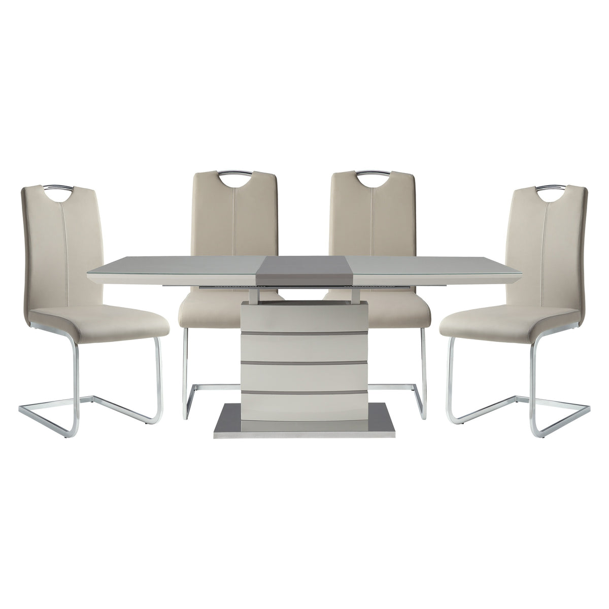Modern Sleek Design 5pc Dining Set Table with Self-Storing Leaf and 4x Side Chairs Metal Frame Contemporary Dining Room Furniture