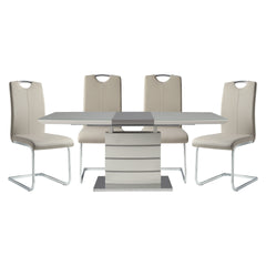 Modern Sleek Design 5pc Dining Set Table with Self-Storing Leaf and 4x Side Chairs Metal Frame Contemporary Dining Room Furniture
