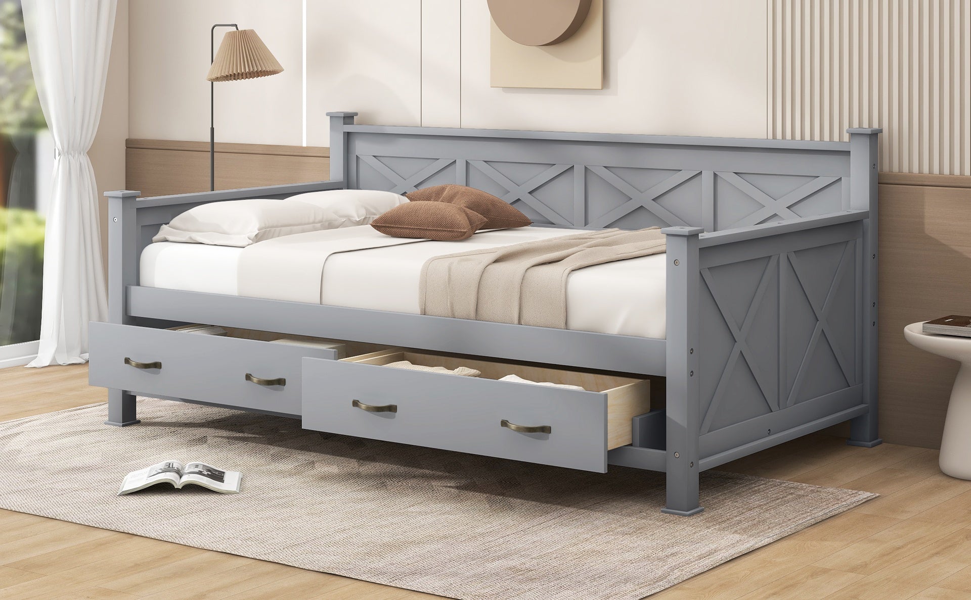 Twin Size Daybed with 2 Large Drawers, X-shaped Frame, Modern and Rustic Casual Style Daybed, Gray