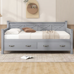 Twin Size Daybed with 2 Large Drawers, X-shaped Frame, Modern and Rustic Casual Style Daybed, Gray