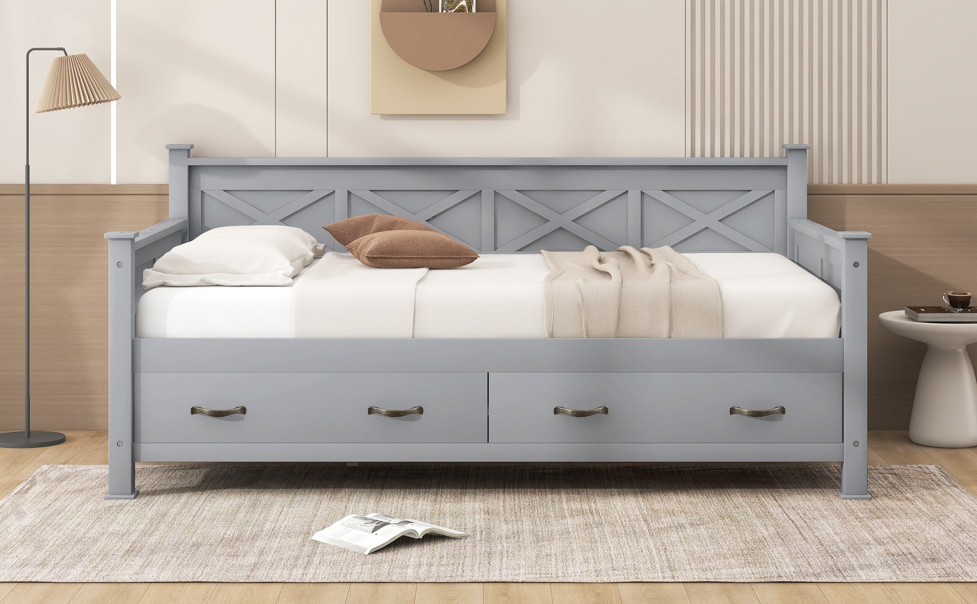 Twin Size Daybed with 2 Large Drawers, X-shaped Frame, Modern and Rustic Casual Style Daybed, Gray