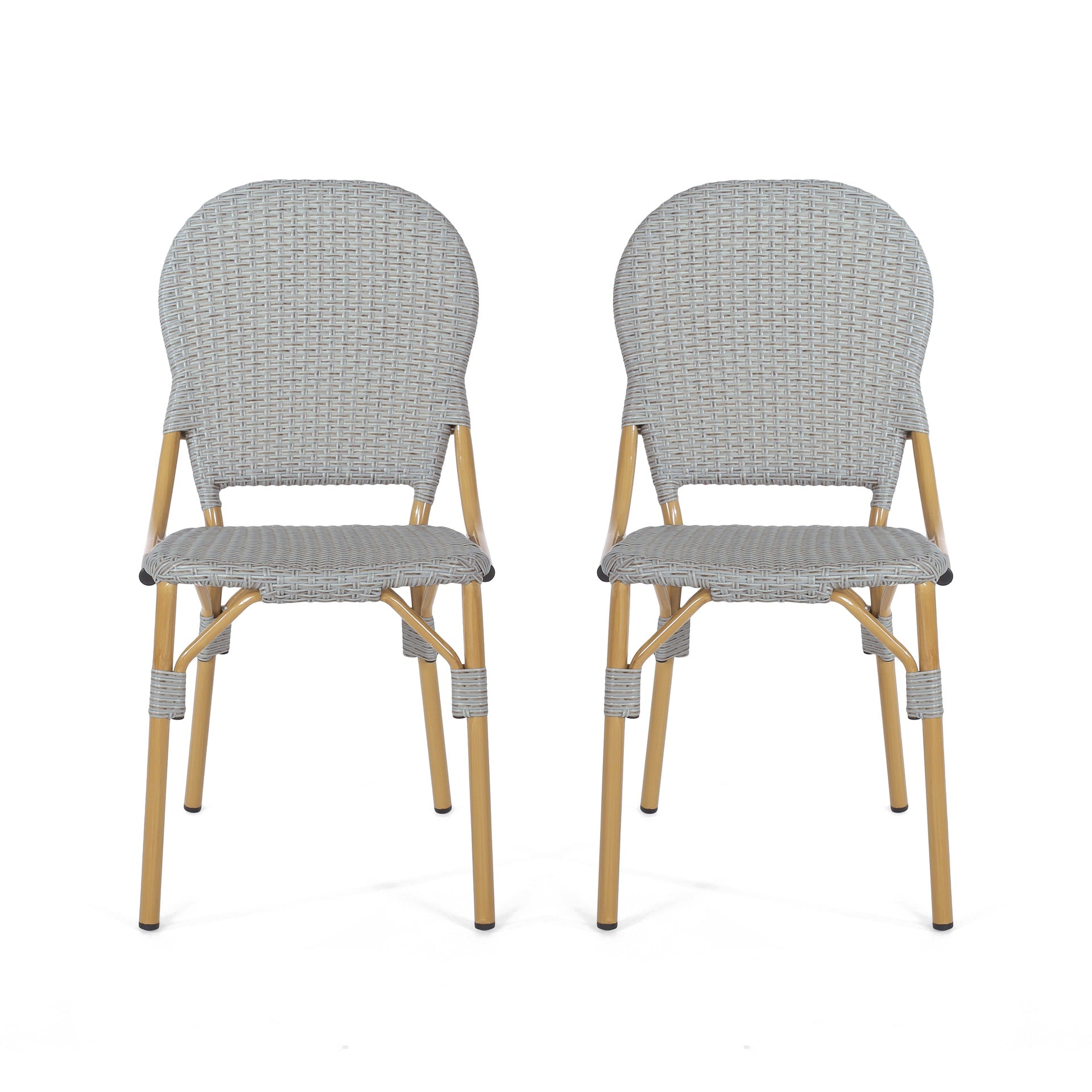 Outdoor PE Rattan and Aluminum Armless French Bistro Chairs, Set of 2, Gray and Bamboo Finish