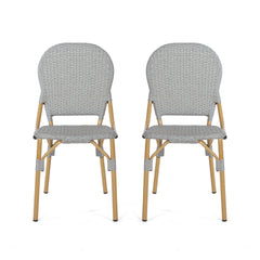 Outdoor PE Rattan and Aluminum Armless French Bistro Chairs, Set of 2, Gray and Bamboo Finish