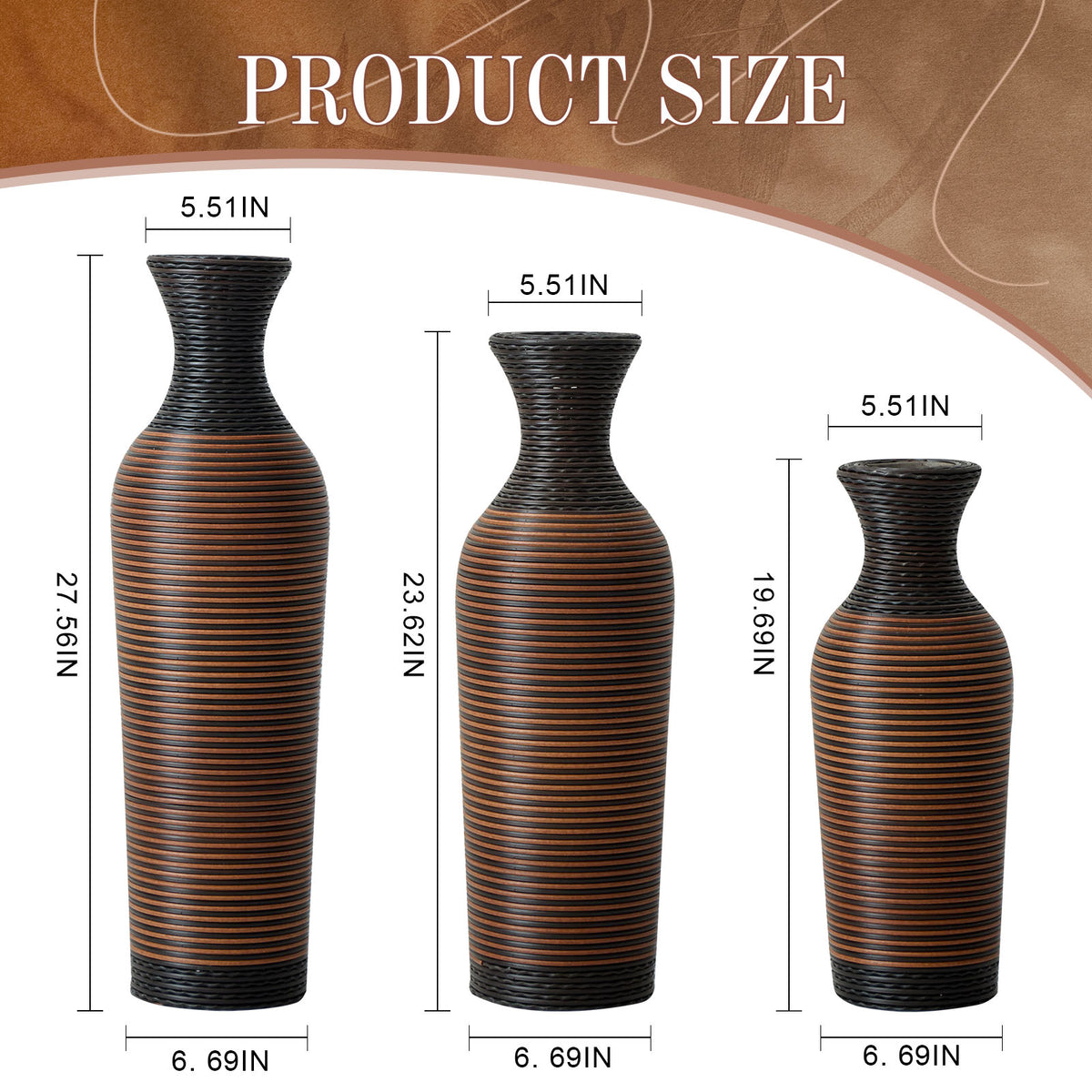 Hand-Woven PVC Rattan Vases, Set of 3 Brown Floor Vases for Home Decor, 27.56in 23.62in 19.69in Tall Farmhouse Decorative Vases, Imitation Rattan Vases for Living Room & Office