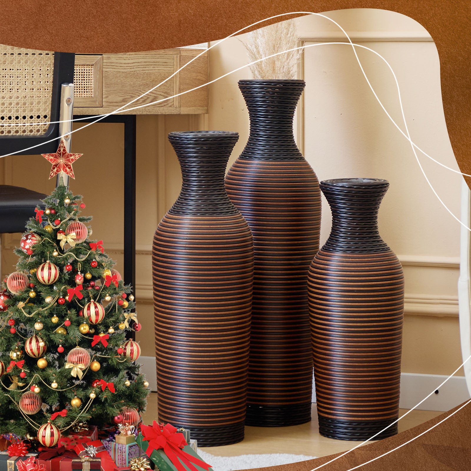 Hand-Woven PVC Rattan Vases, Set of 3 Brown Floor Vases for Home Decor, 27.56in 23.62in 19.69in Tall Farmhouse Decorative Vases, Imitation Rattan Vases for Living Room & Office
