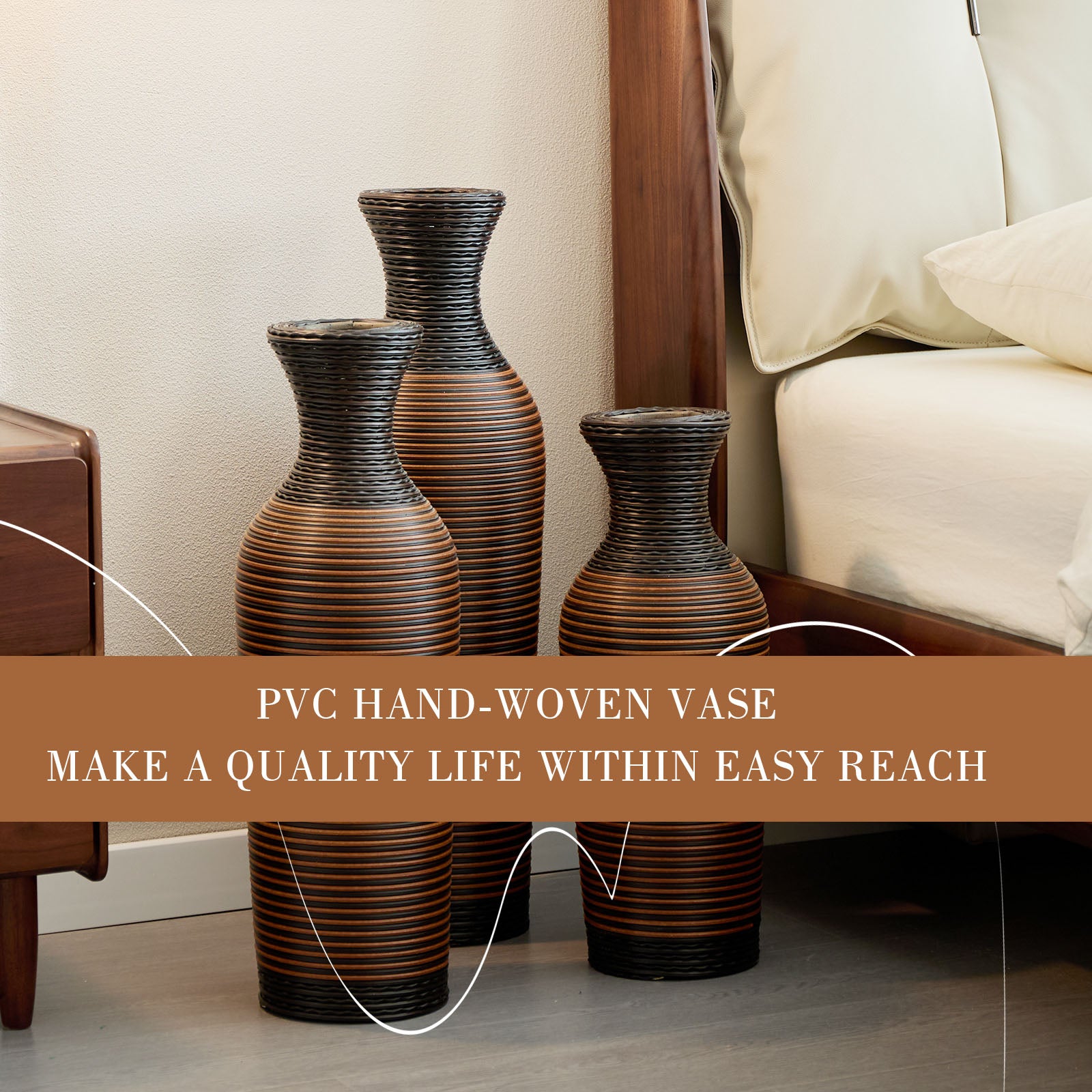 Hand-Woven PVC Rattan Vases, Set of 3 Brown Floor Vases for Home Decor, 27.56in 23.62in 19.69in Tall Farmhouse Decorative Vases, Imitation Rattan Vases for Living Room & Office