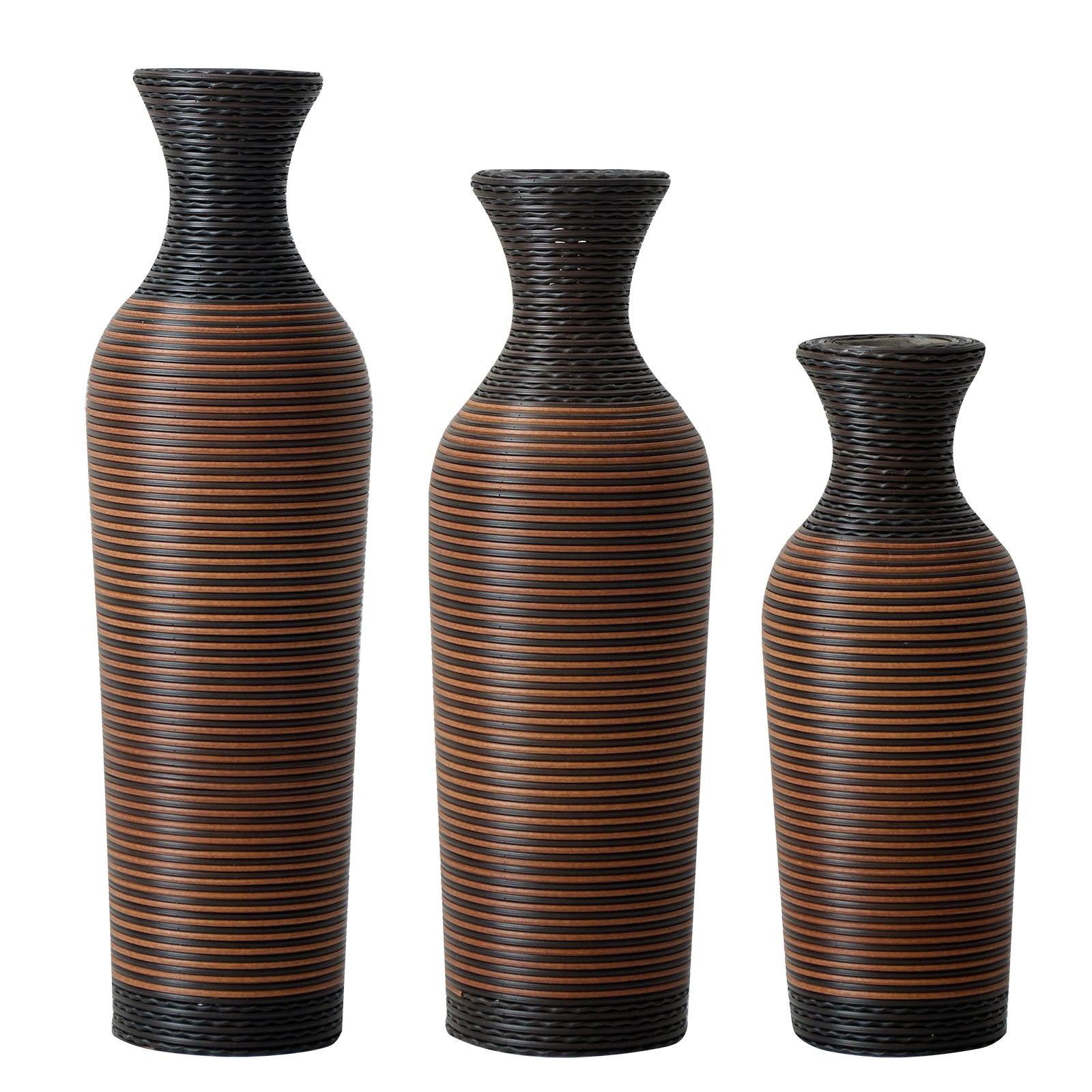 Hand-Woven PVC Rattan Vases, Set of 3 Brown Floor Vases for Home Decor, 27.56in 23.62in 19.69in Tall Farmhouse Decorative Vases, Imitation Rattan Vases for Living Room & Office