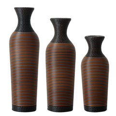 Hand-Woven PVC Rattan Vases, Set of 3 Brown Floor Vases for Home Decor, 27.56in 23.62in 19.69in Tall Farmhouse Decorative Vases, Imitation Rattan Vases for Living Room & Office