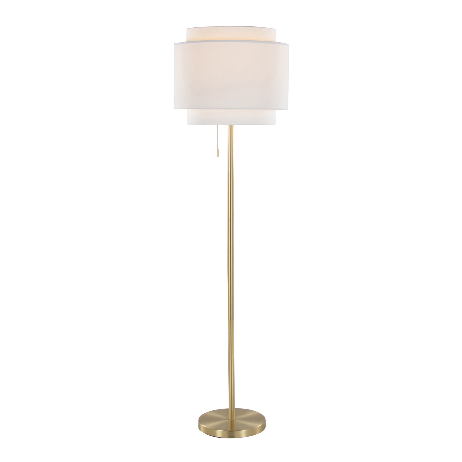 Tier 64" Contemporary Metal Floor Lamp in Gold Metal with Off-White Linen Shade