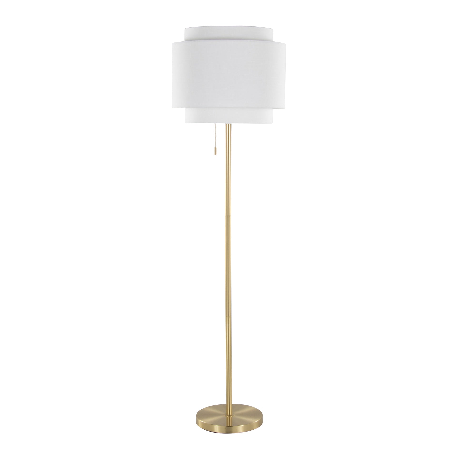 Tier 64" Contemporary Metal Floor Lamp in Gold Metal with Off-White Linen Shade