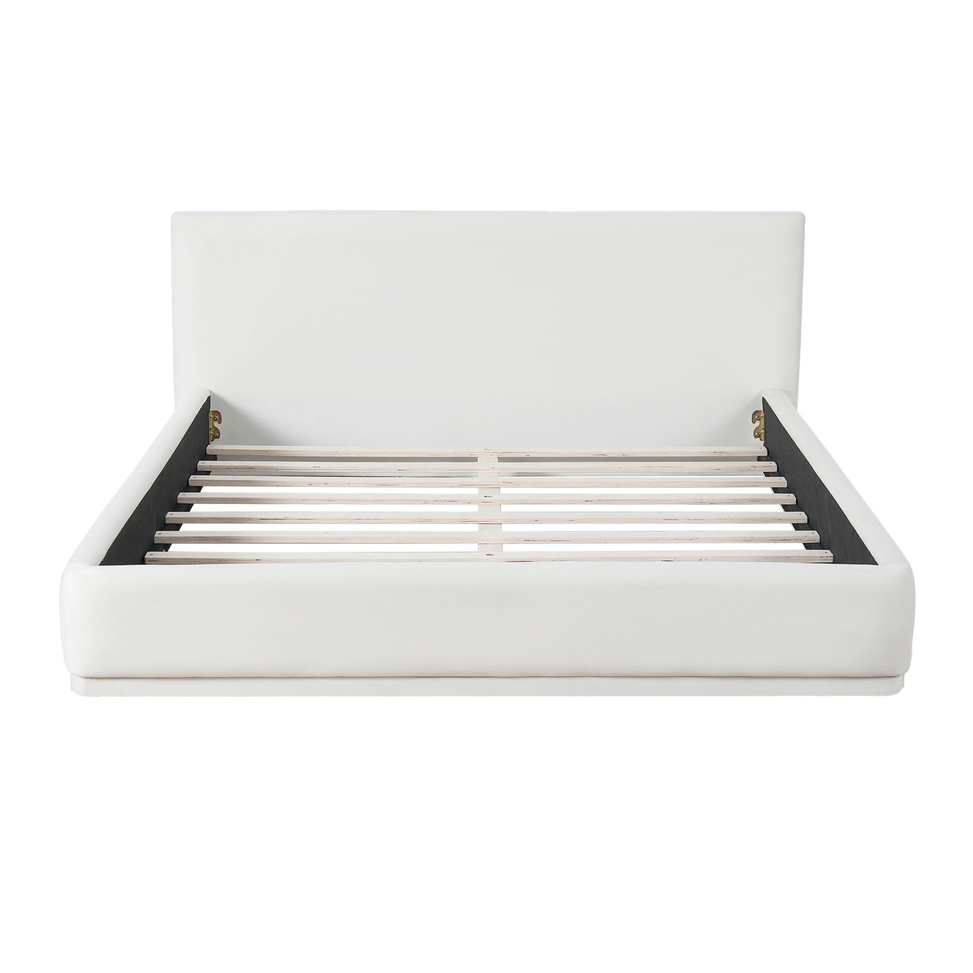 Soft and comfortable upholstered bed. Luxurious and cozy bedroom centerpiece, queen size, white