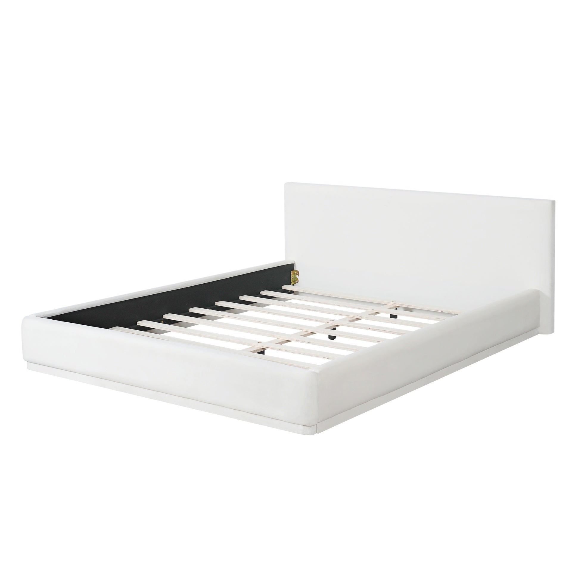Soft and comfortable upholstered bed. Luxurious and cozy bedroom centerpiece, queen size, white