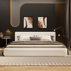 Soft and comfortable upholstered bed. Luxurious and cozy bedroom centerpiece, queen size, white