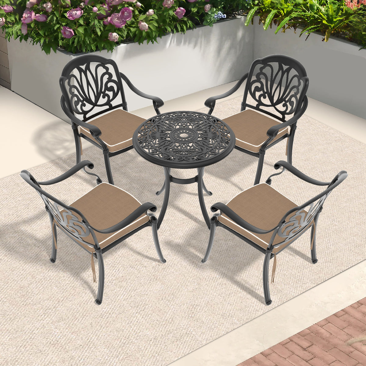 5-Piece Set Of Cast Aluminum Patio Furniture With Black Frame and Brown Seat Cushions(same sku: W1710S00416 )