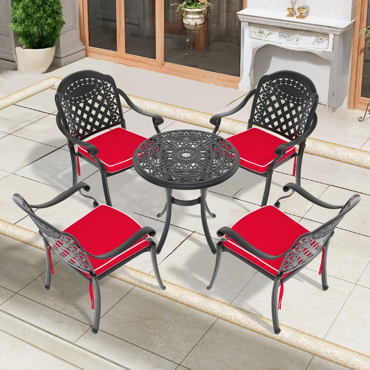 5-Piece Set Of Cast Aluminum Patio Furniture With Black Frame and Red Seat Cushions(same sku:W1710S00417)