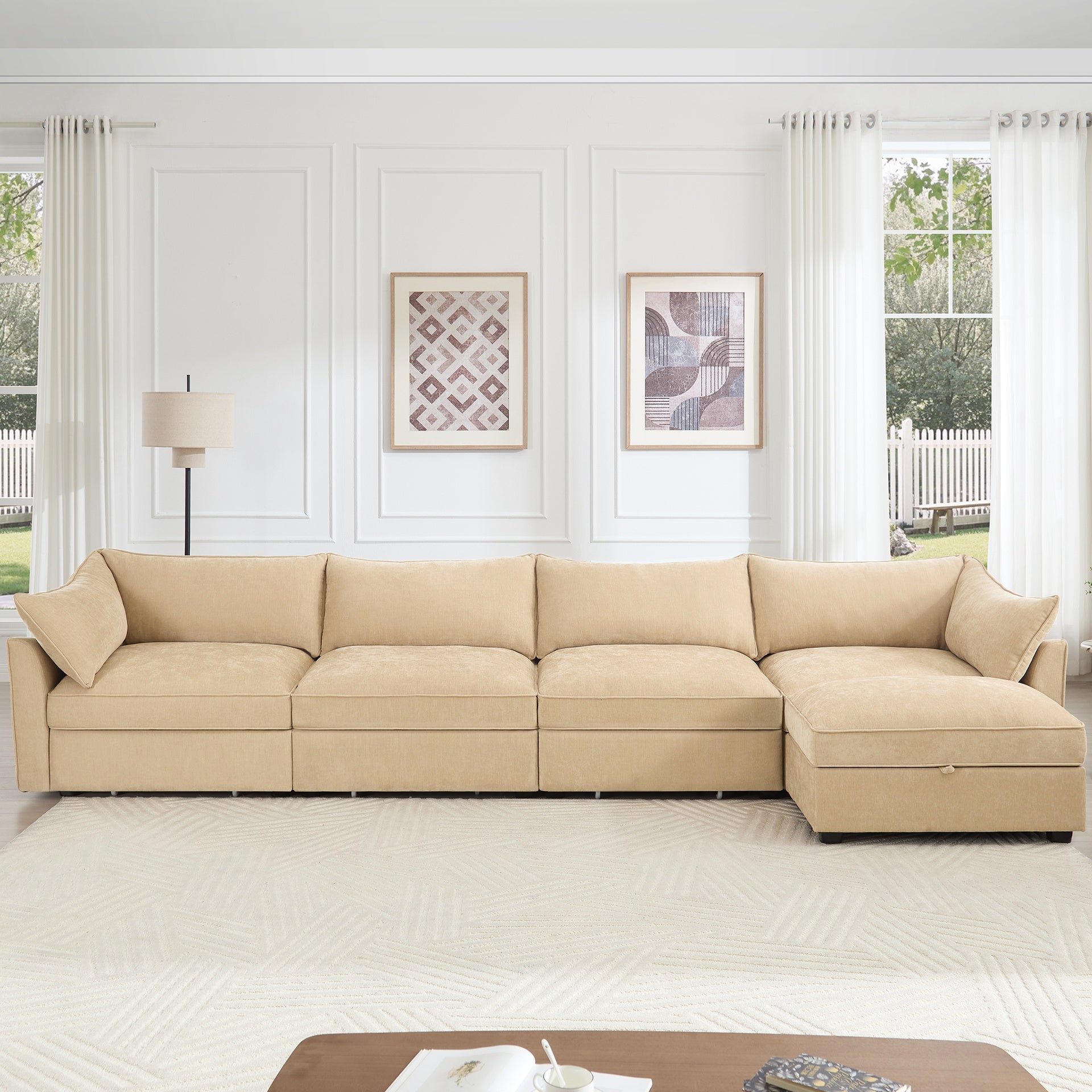 L-shaped 4-seater modular sofa, with 1 movable footstool, crescent-shaped armrests, and wraparound back and arm cushions, plus a pull-out storage drawer under each seat, chenille fabric, wheat colour.
