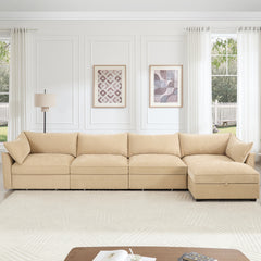 L-shaped 4-seater modular sofa, with 1 movable footstool, crescent-shaped armrests, and wraparound back and arm cushions, plus a pull-out storage drawer under each seat, chenille fabric, wheat colour.