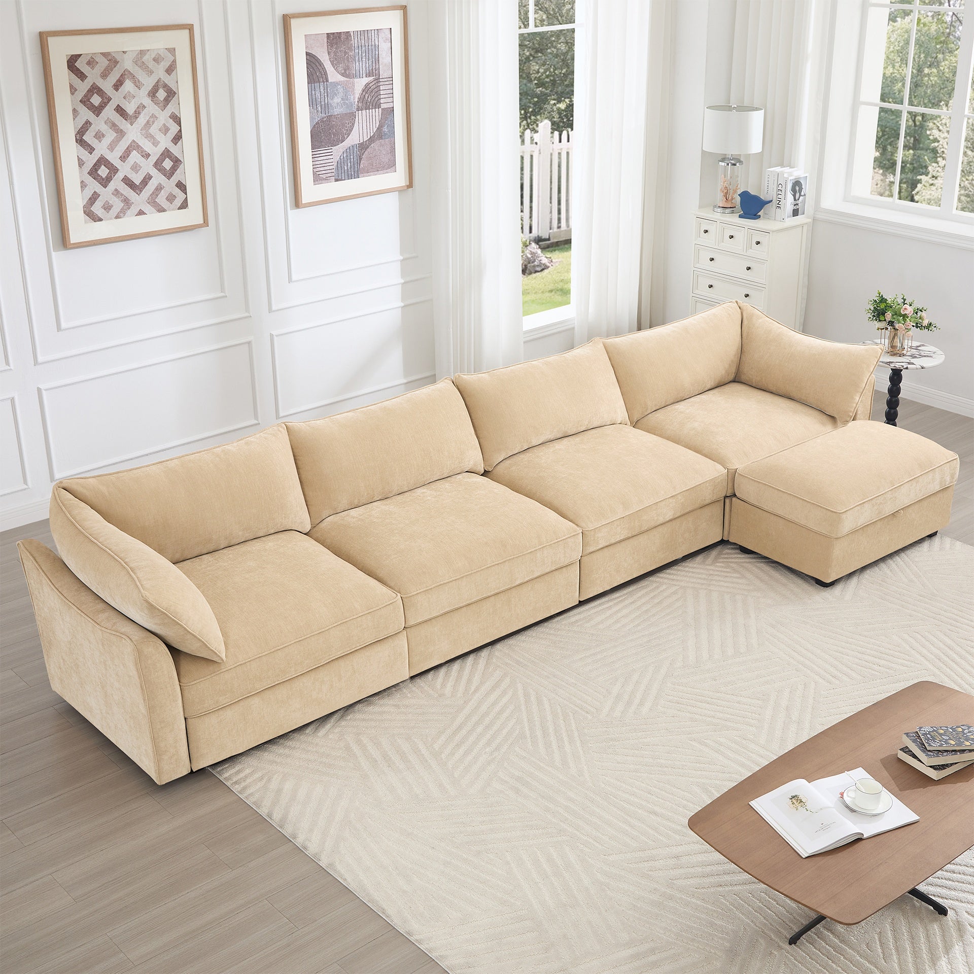 L-shaped 4-seater modular sofa, with 1 movable footstool, crescent-shaped armrests, and wraparound back and arm cushions, plus a pull-out storage drawer under each seat, chenille fabric, wheat colour.