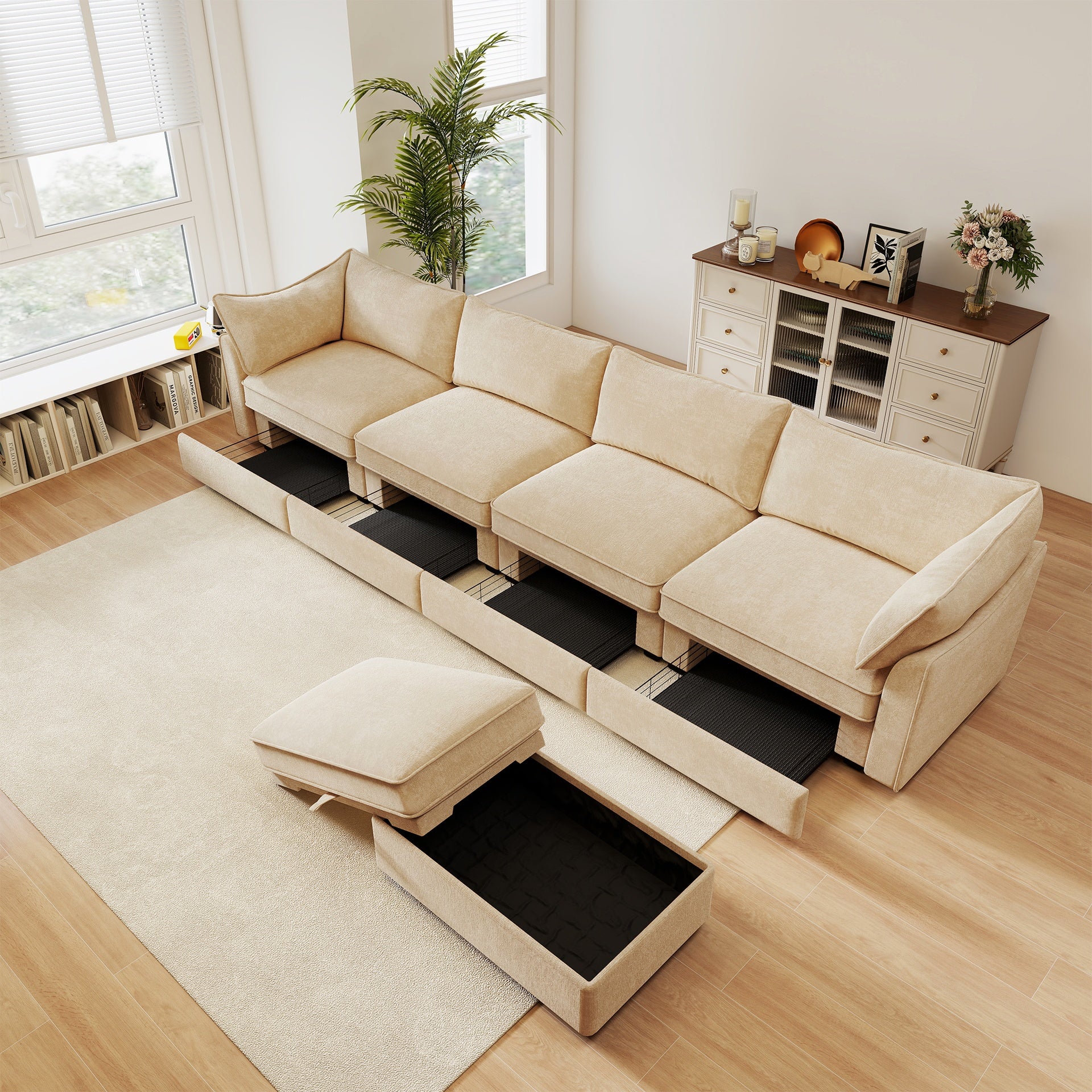 L-shaped 4-seater modular sofa, with 1 movable footstool, crescent-shaped armrests, and wraparound back and arm cushions, plus a pull-out storage drawer under each seat, chenille fabric, wheat colour.