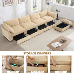 L-shaped 4-seater modular sofa, with 1 movable footstool, crescent-shaped armrests, and wraparound back and arm cushions, plus a pull-out storage drawer under each seat, chenille fabric, wheat colour.