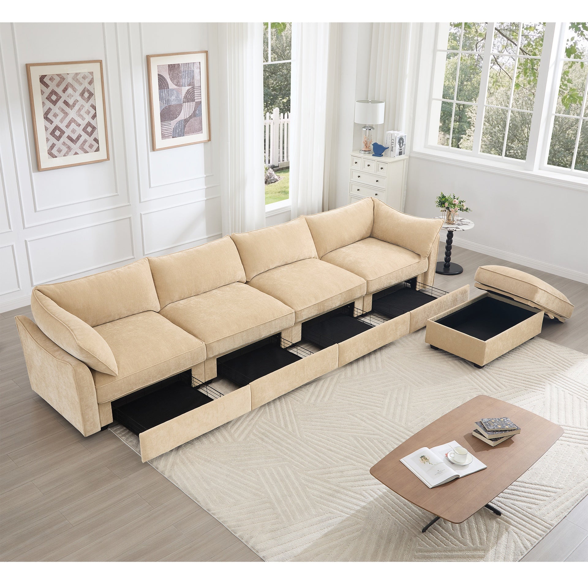 L-shaped 4-seater modular sofa, with 1 movable footstool, crescent-shaped armrests, and wraparound back and arm cushions, plus a pull-out storage drawer under each seat, chenille fabric, wheat colour.