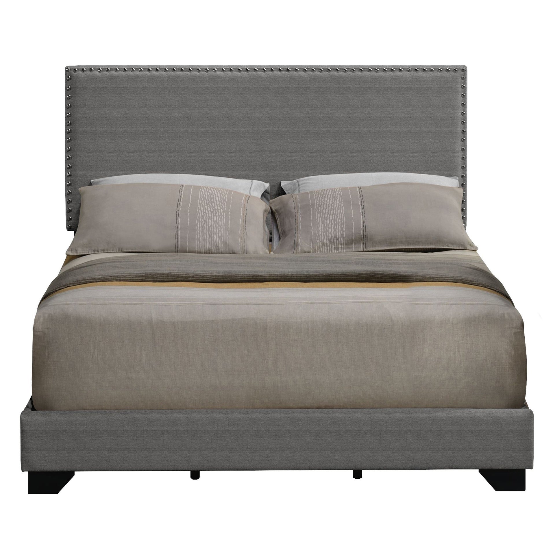 Light Grey Queen Panel Bed with Nailhead Trim