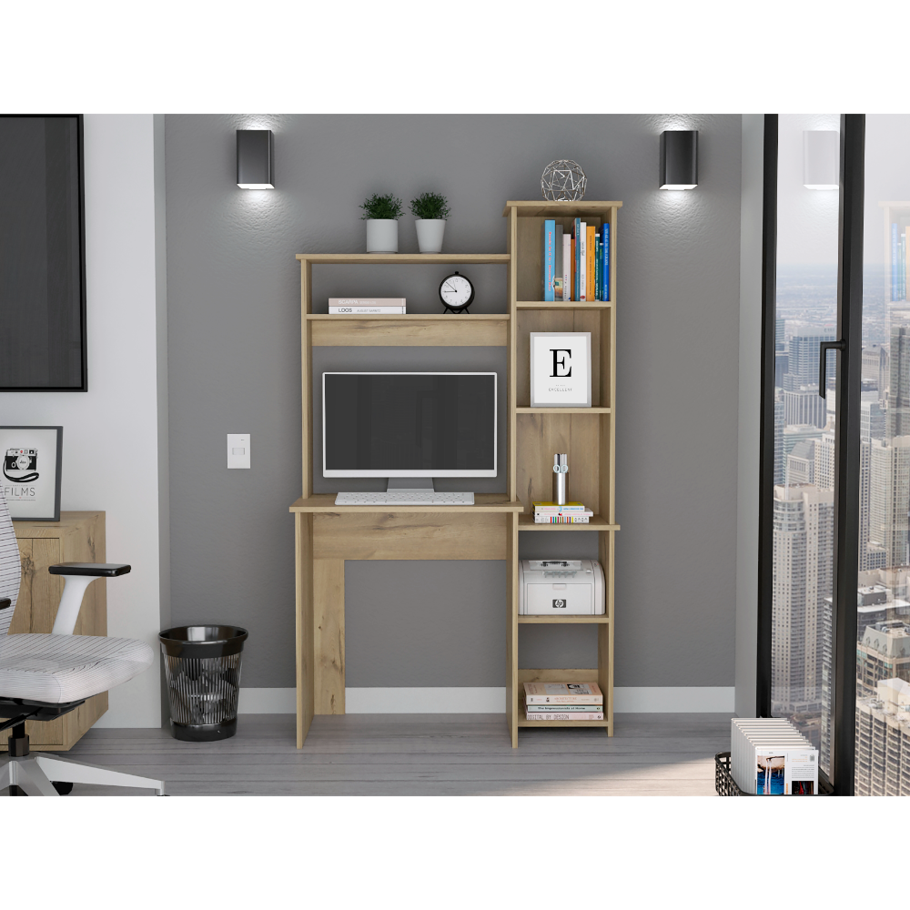 Desk, Five Shelves, Two Superior Shelves, Light Oak