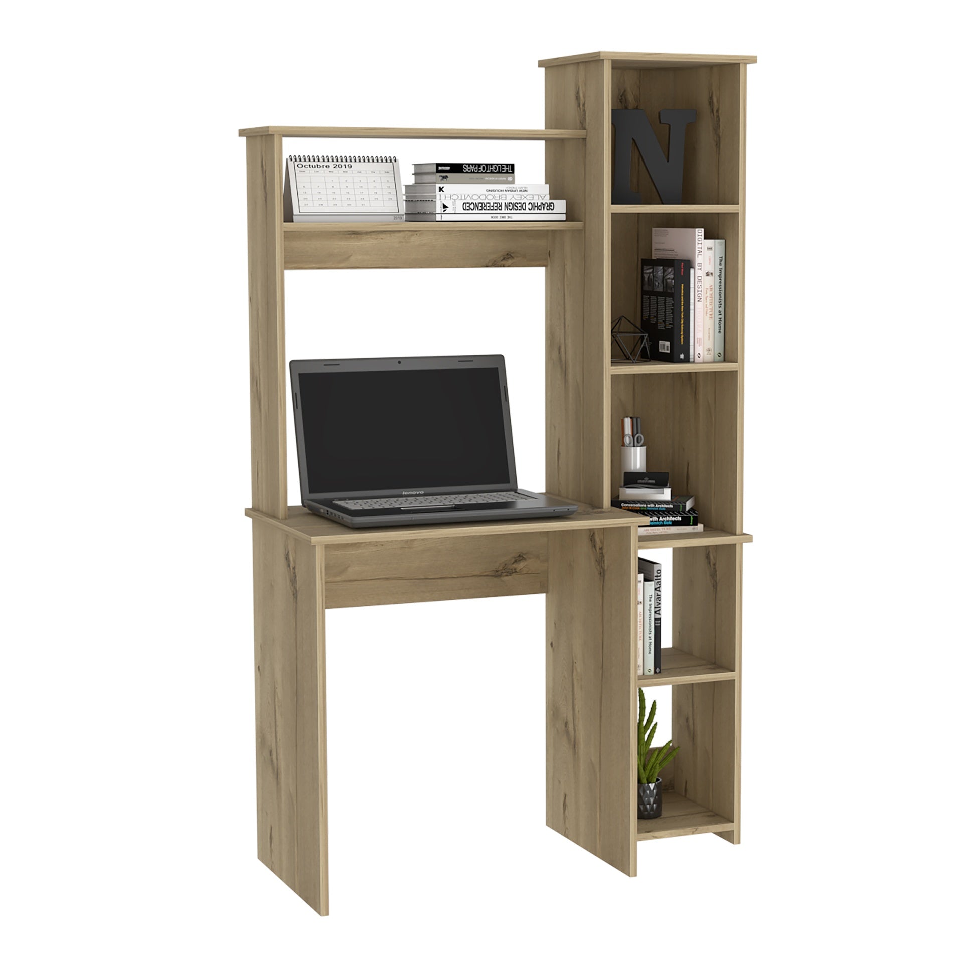 Desk, Five Shelves, Two Superior Shelves, Light Oak
