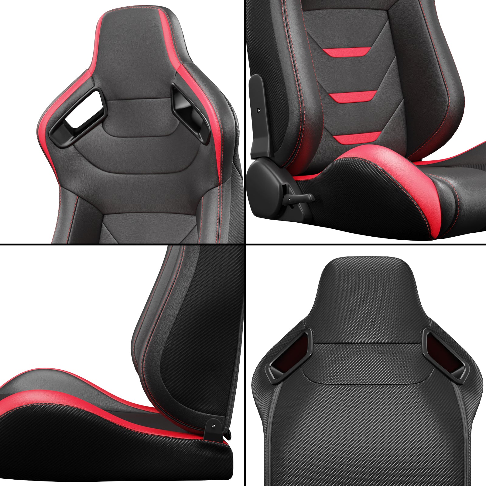 2PC Universal Bucket Racing Seats Red Stitch Red PVC Leather Reclinable Carbon Look Leather Back With Adjustor Slider(Not Including Seat Bracket ) 1 box of 2 pieces