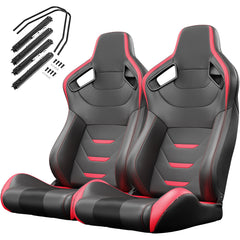 2PC Universal Bucket Racing Seats Red Stitch Red PVC Leather Reclinable Carbon Look Leather Back With Adjustor Slider(Not Including Seat Bracket ) 1 box of 2 pieces