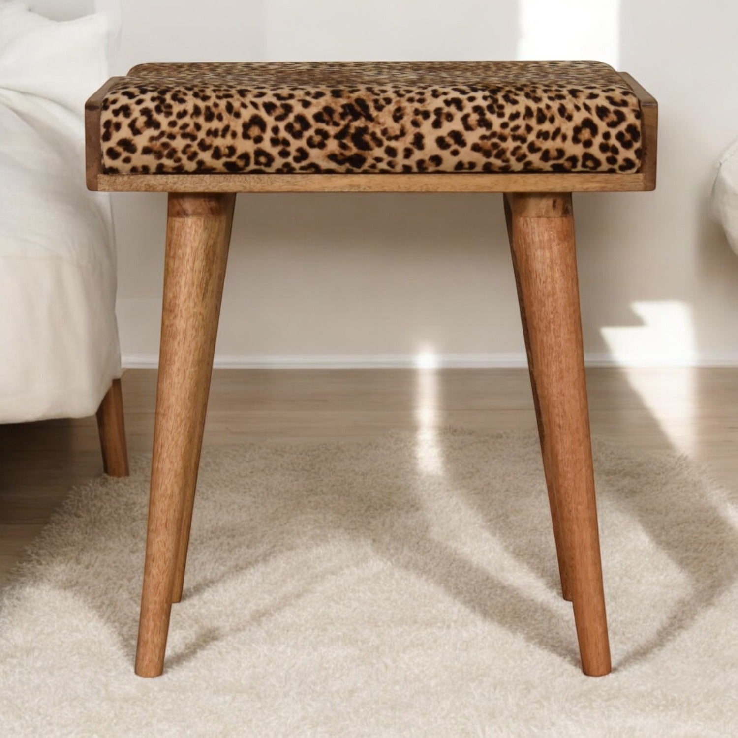 Solid Wood Leopard Velvet Upholstered Tray Style Footstool, Brown and Black