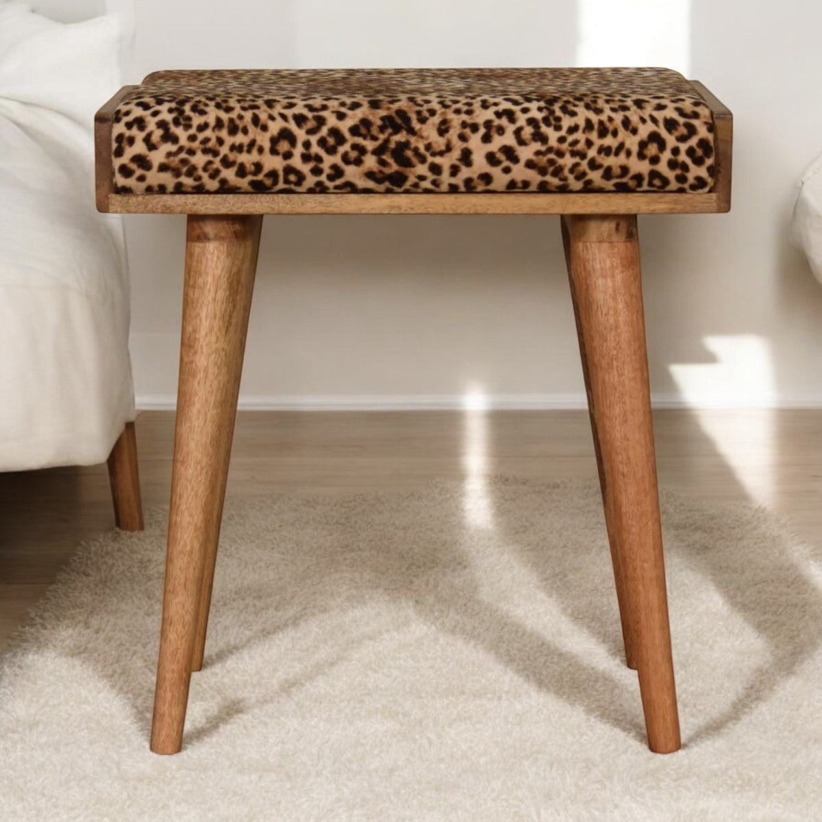 Solid Wood Leopard Velvet Upholstered Tray Style Footstool, Brown and Black