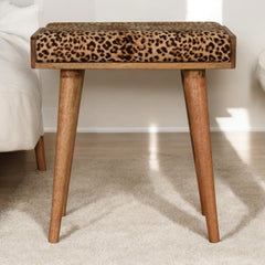 Solid Wood Leopard Velvet Upholstered Tray Style Footstool, Brown and Black