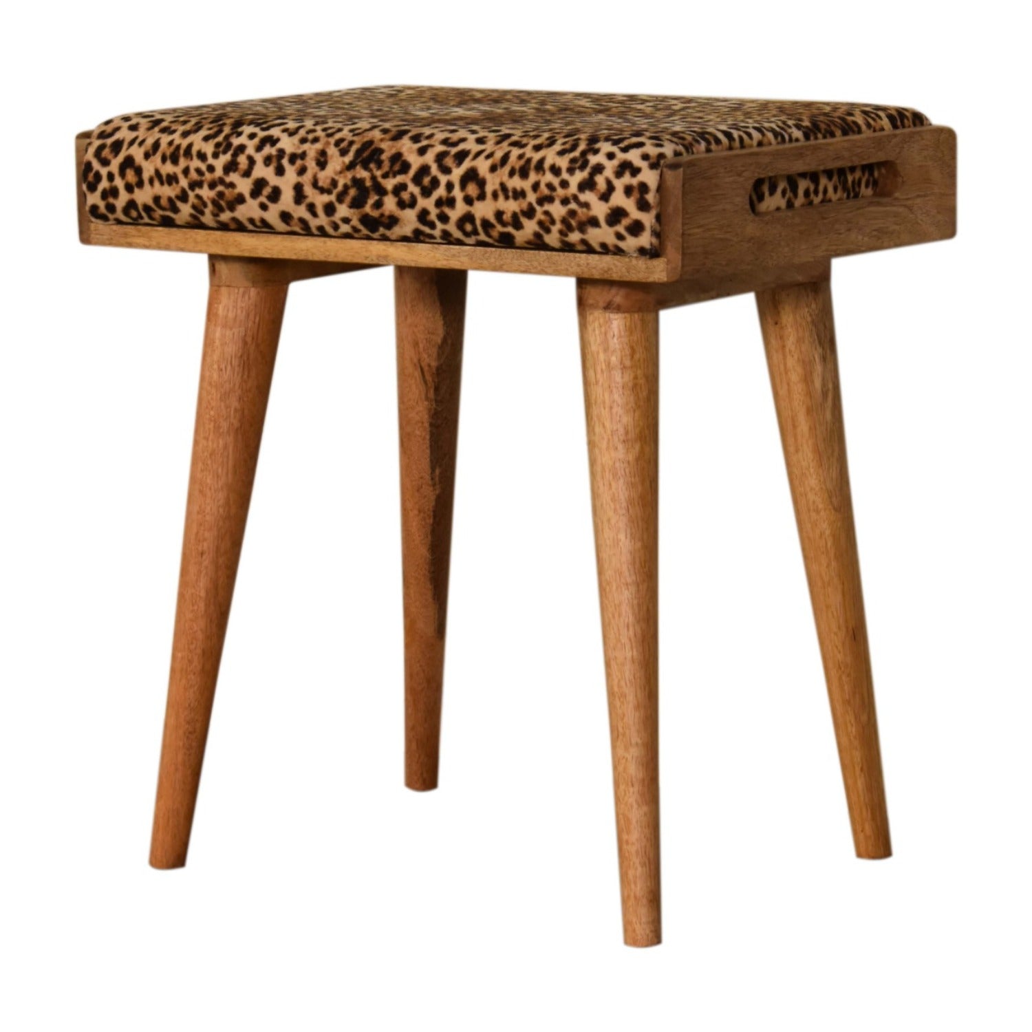 Solid Wood Leopard Velvet Upholstered Tray Style Footstool, Brown and Black