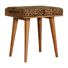 Solid Wood Leopard Velvet Upholstered Tray Style Footstool, Brown and Black