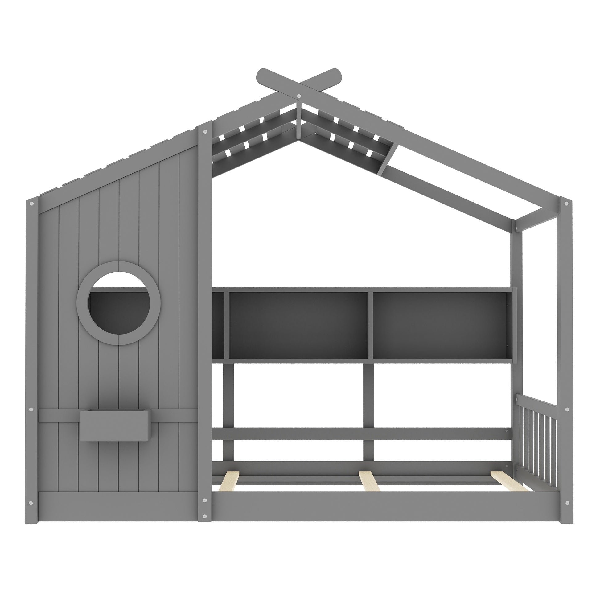 Twin Size Floor House Bed for Toddler, Kids Montessori Bed  with Storage Shelf, Playhouse Bed with Roof Design, Gray