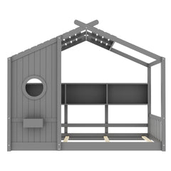 Twin Size Floor House Bed for Toddler, Kids Montessori Bed  with Storage Shelf, Playhouse Bed with Roof Design, Gray