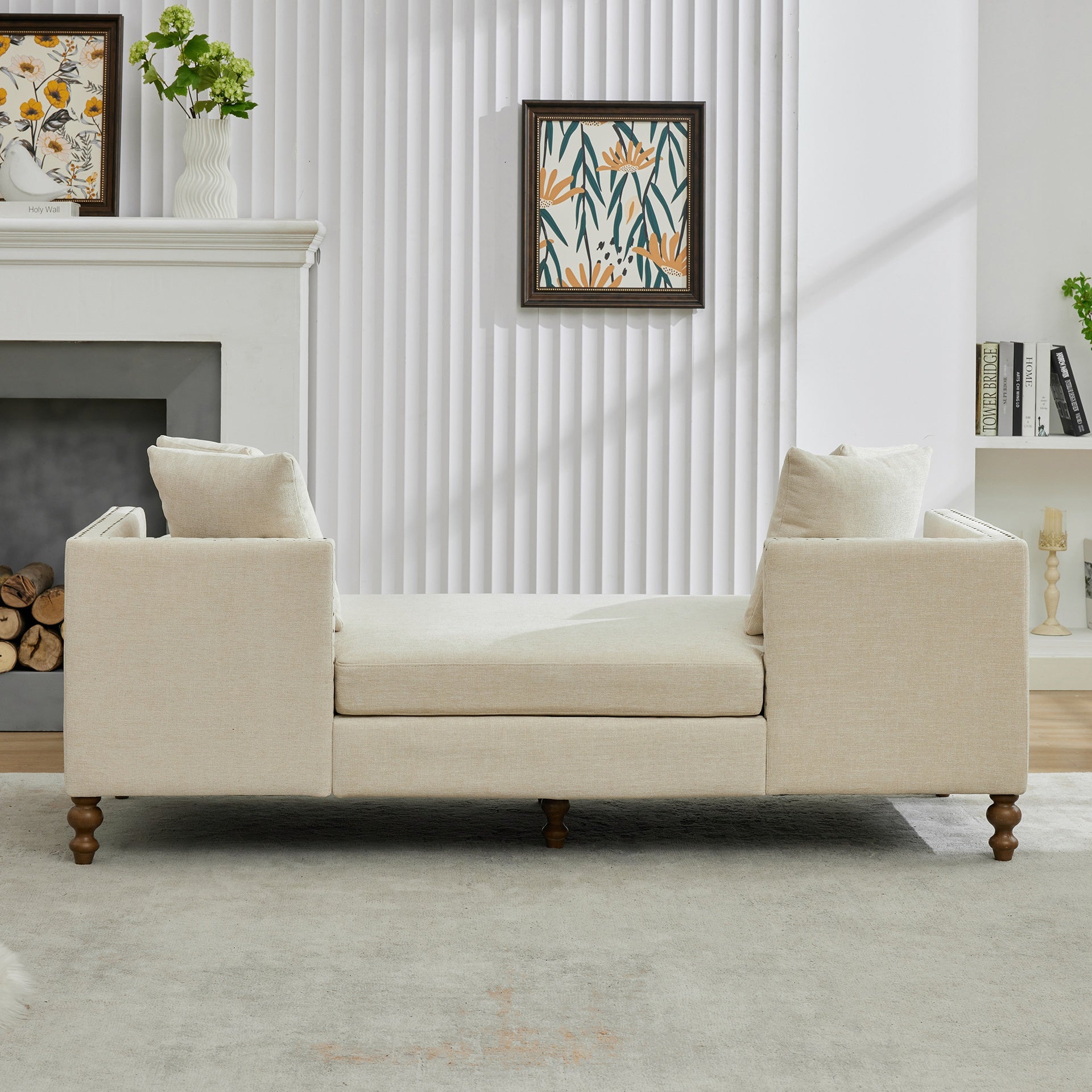 75.2'' Wide Upholstered Chaise Lounge Indoor with Nailheads,Sleeper Sofa Couch With 4 Throw Pillows&2 Bolsters,Daybed with Rubberwood Legs For Living Room,Bedroom, Apartment,Guestroom,Beige Chenille