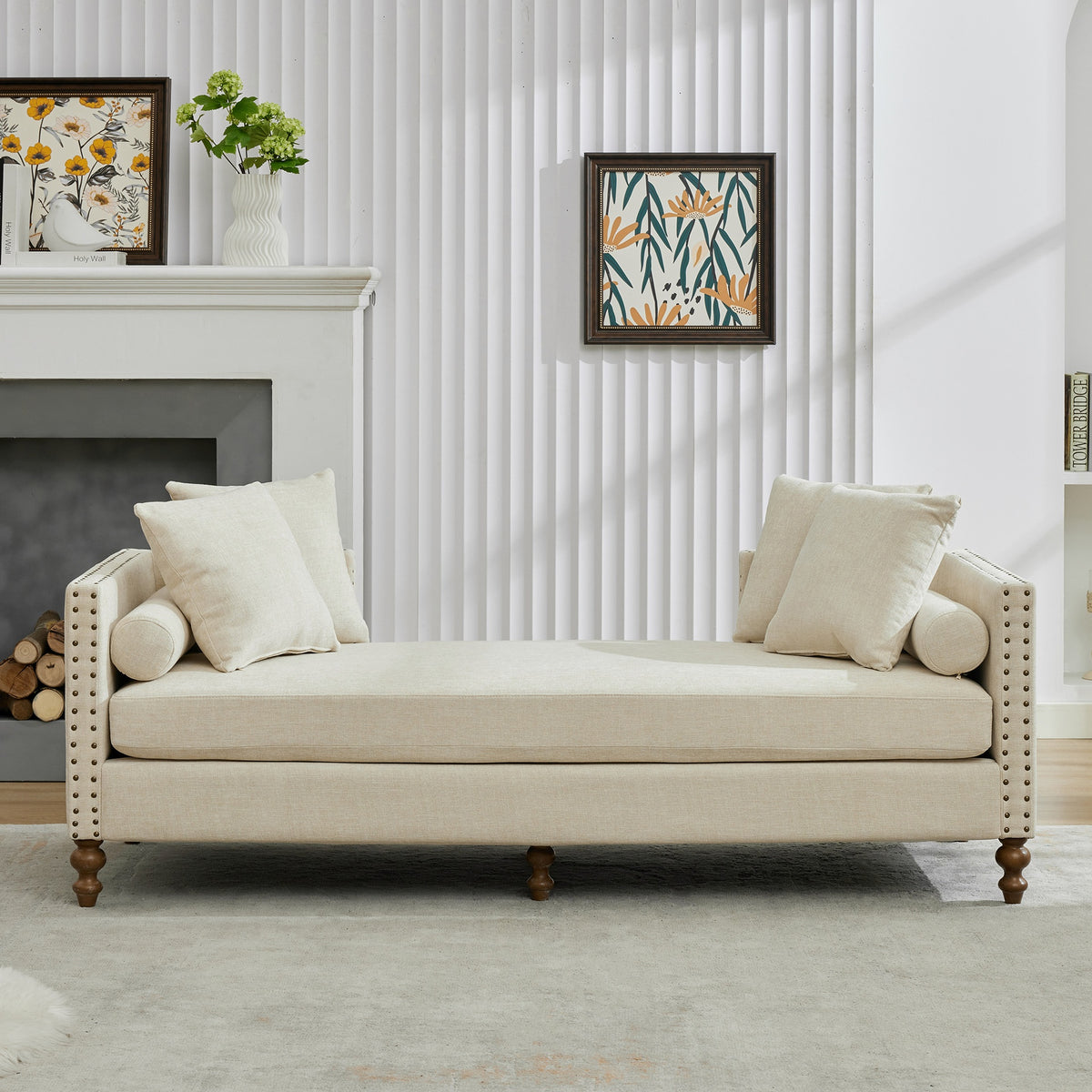 75.2'' Wide Upholstered Chaise Lounge Indoor with Nailheads,Sleeper Sofa Couch With 4 Throw Pillows&2 Bolsters,Daybed with Rubberwood Legs For Living Room,Bedroom, Apartment,Guestroom,Beige Chenille