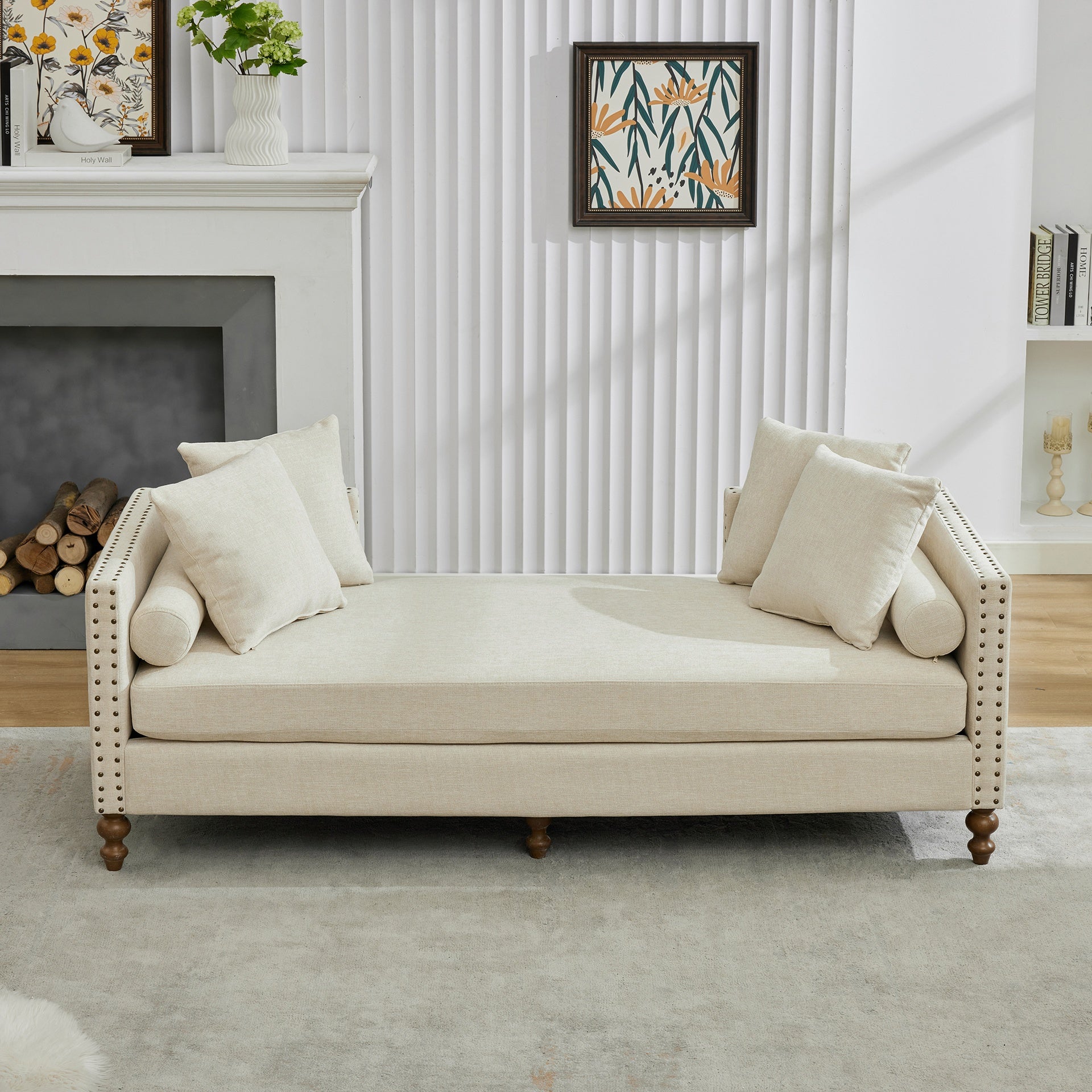 75.2'' Wide Upholstered Chaise Lounge Indoor with Nailheads,Sleeper Sofa Couch With 4 Throw Pillows&2 Bolsters,Daybed with Rubberwood Legs For Living Room,Bedroom, Apartment,Guestroom,Beige Chenille