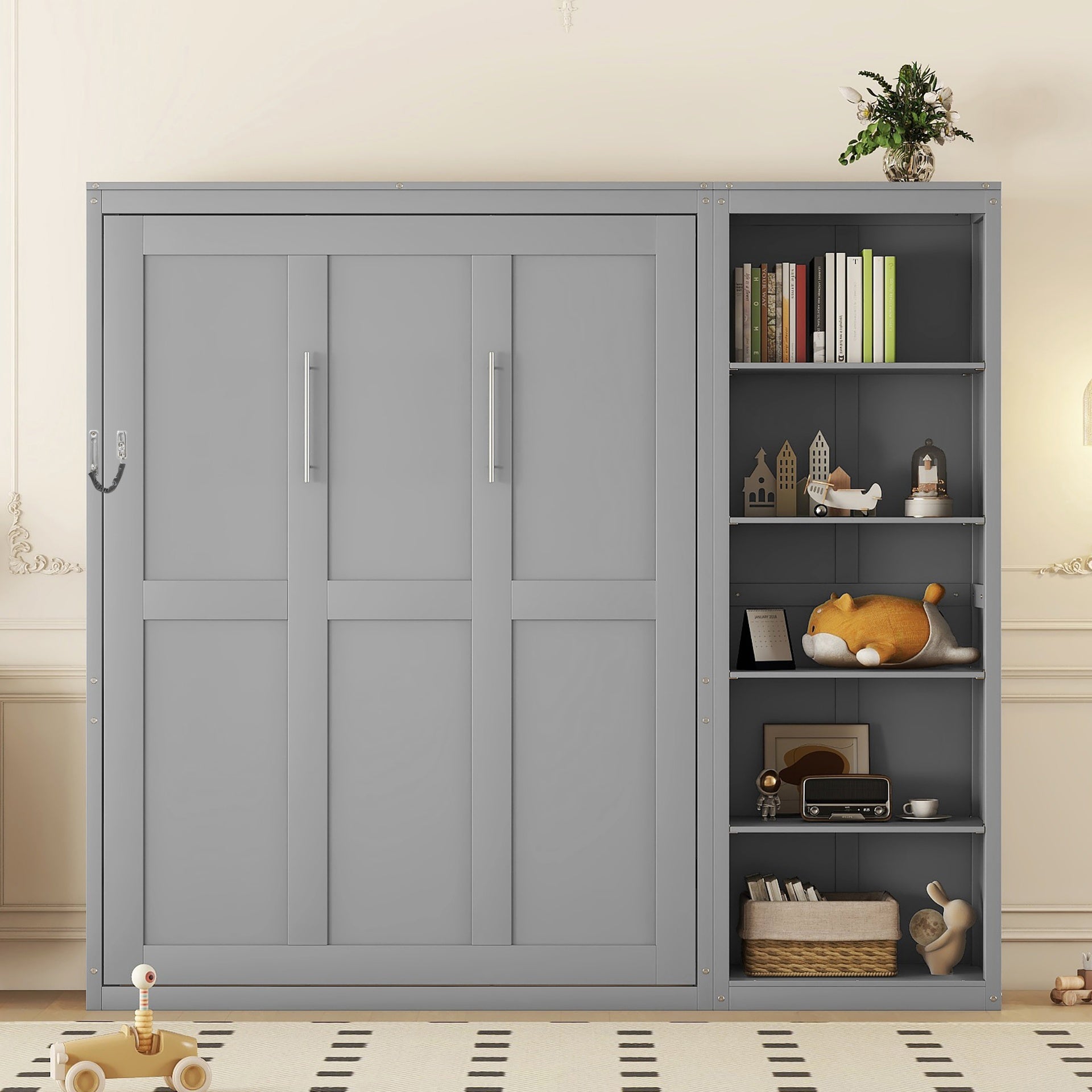 Queen Size Murphy Bed Wall Bed with Shelves,Gray(OLD SKU:LP000697AAE-1)