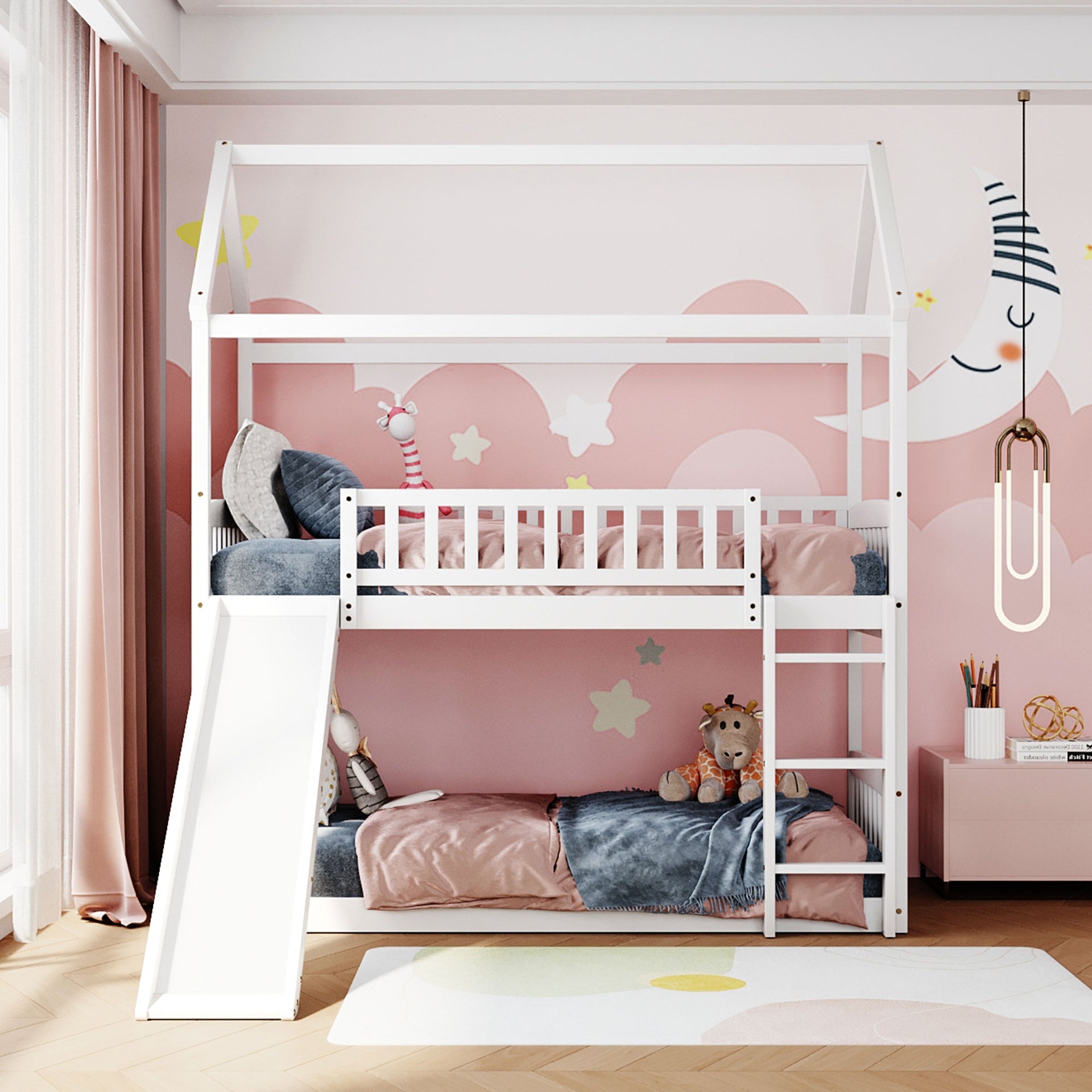 Twin Over Twin Bunk Bed with Slide, House Bed with Slide, White(OLD SKU: LT100213AAK)