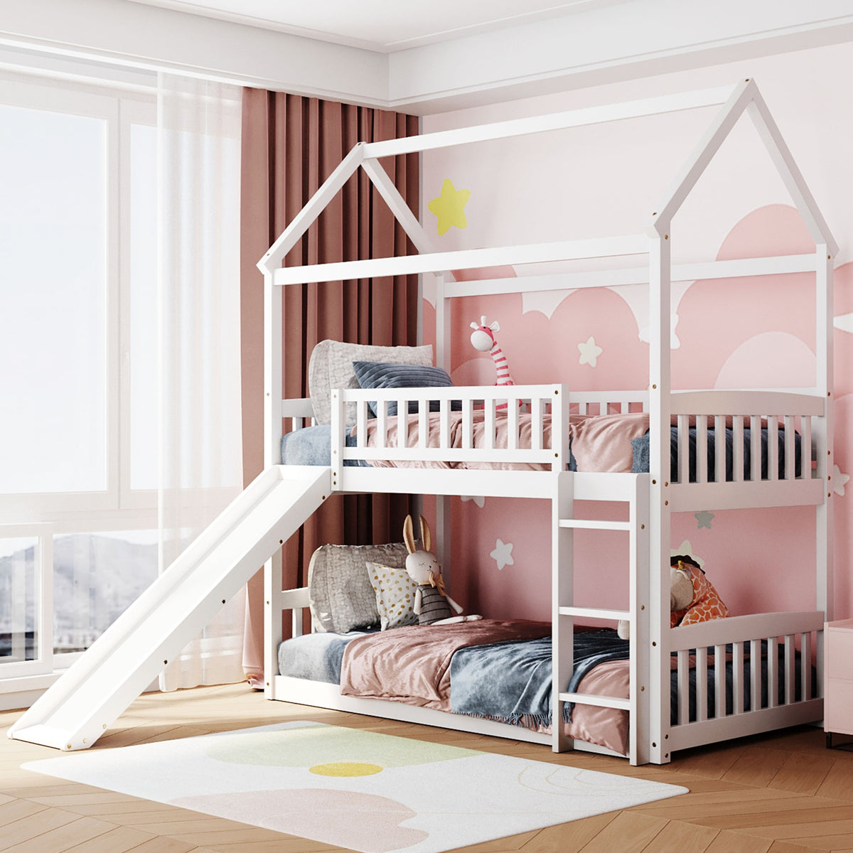 Twin Over Twin Bunk Bed with Slide, House Bed with Slide, White(OLD SKU: LT100213AAK)