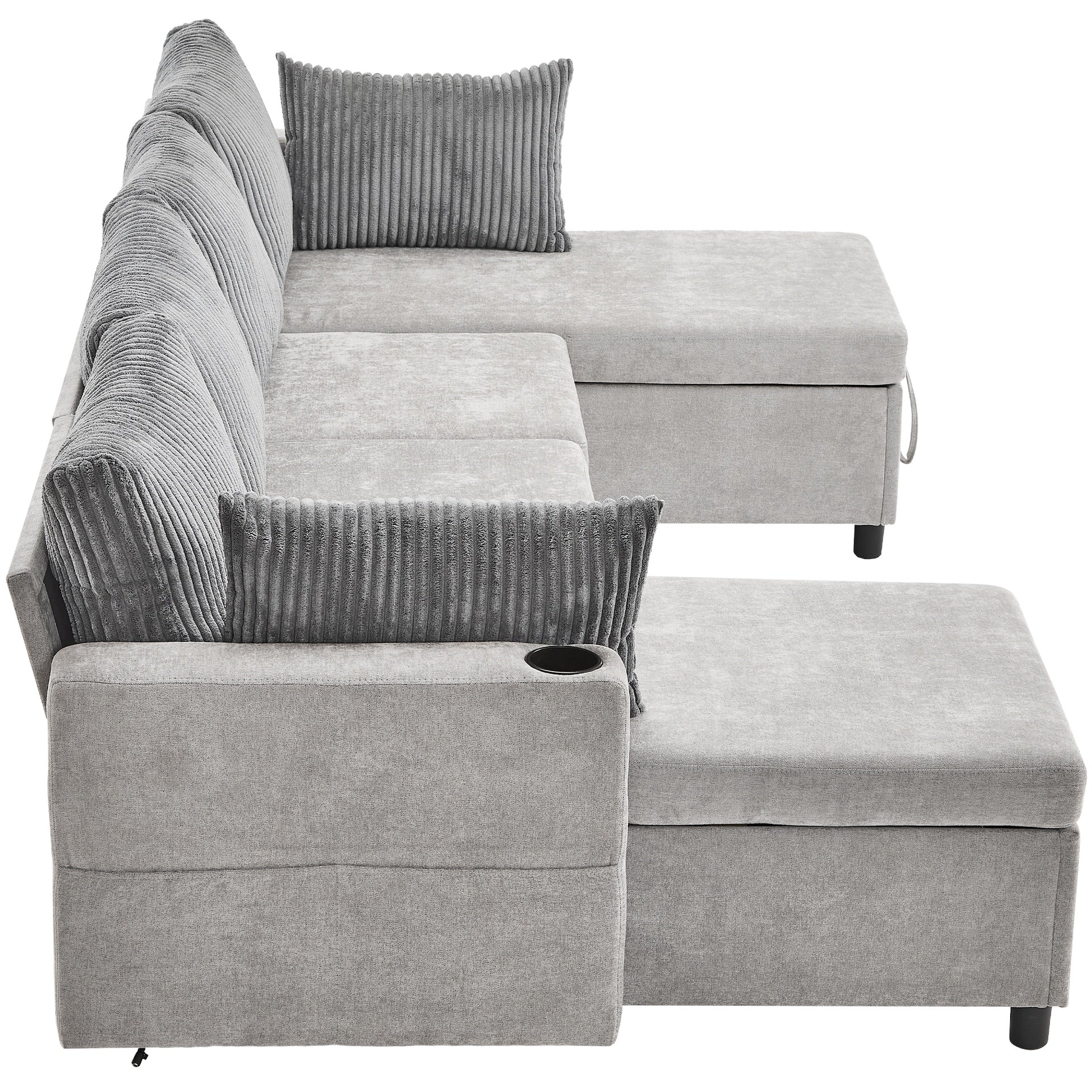 113.4" Sectional Sofa Pull-out Sofa Bed Versatile Sofa Sleeper with Large Storage Space, Two USB Ports and Two Cup Holders for Living Room, Grey