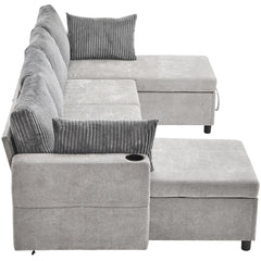 113.4" Sectional Sofa Pull-out Sofa Bed Versatile Sofa Sleeper with Large Storage Space, Two USB Ports and Two Cup Holders for Living Room, Grey