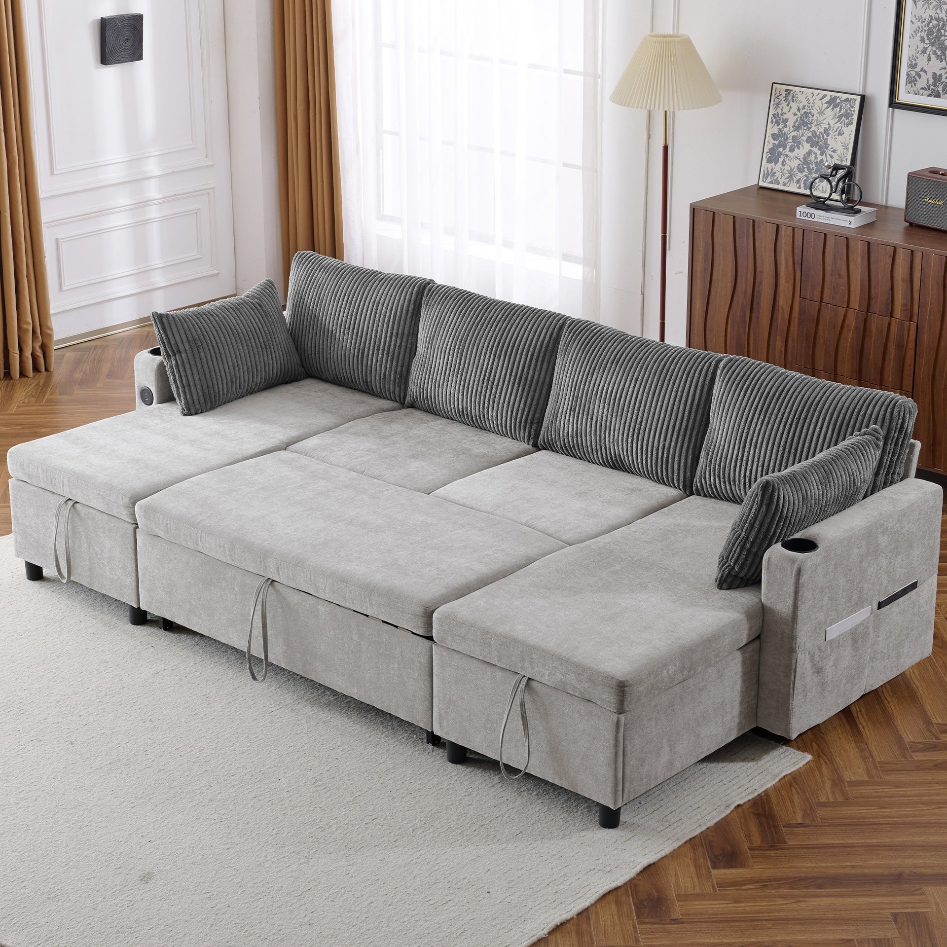 113.4" Sectional Sofa Pull-out Sofa Bed Versatile Sofa Sleeper with Large Storage Space, Two USB Ports and Two Cup Holders for Living Room, Grey