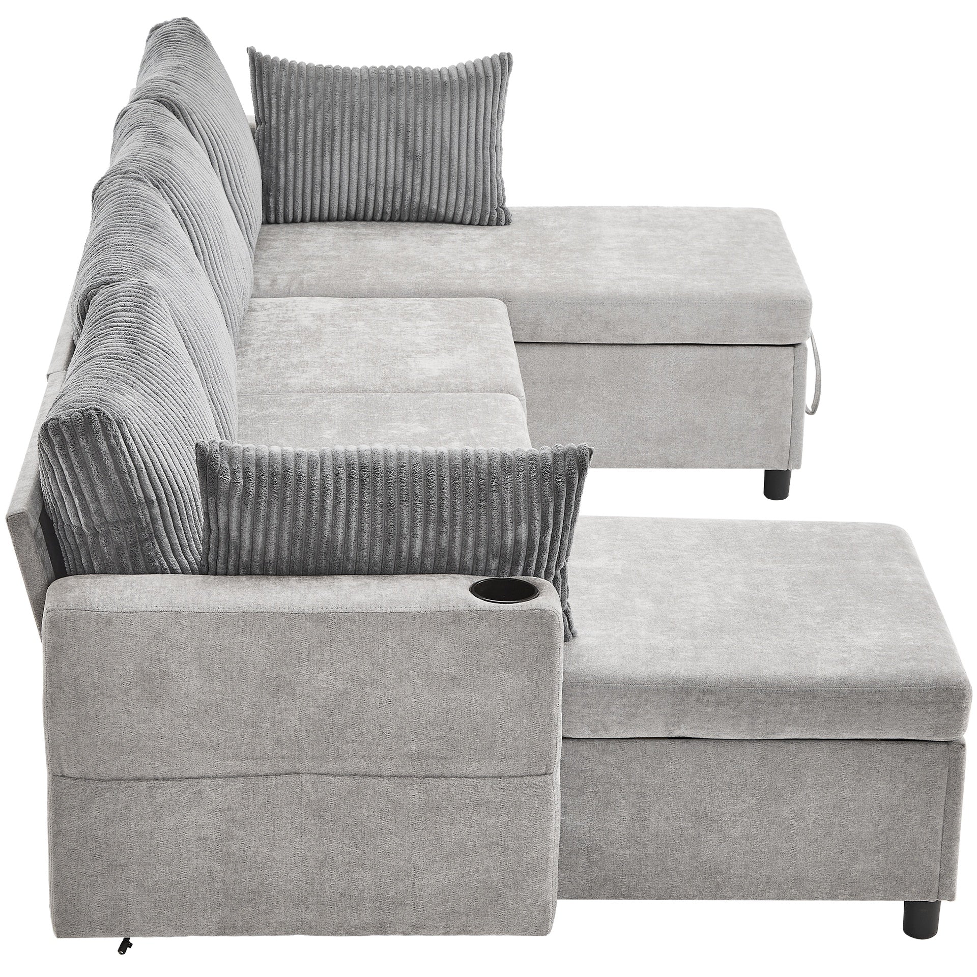 113.4" Sectional Sofa Pull-out Sofa Bed Versatile Sofa Sleeper with Large Storage Space, Two USB Ports and Two Cup Holders for Living Room, Grey