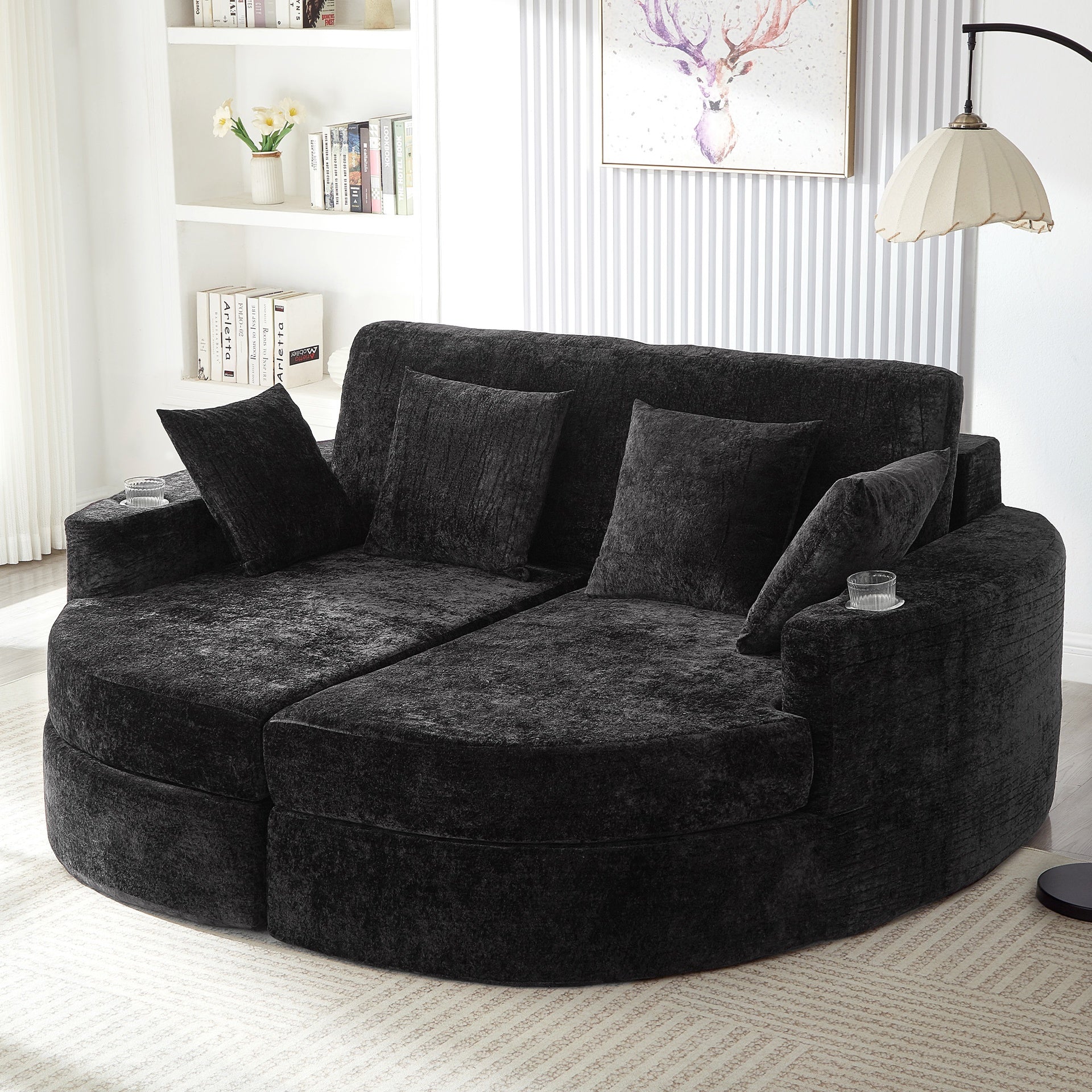 Full-Compressed Chaise Sofa 80" Curved Chaise Lounge Sofa Boneless Couch Upholstered Sofa Bed with Two Cup Holders for Living Room, Black