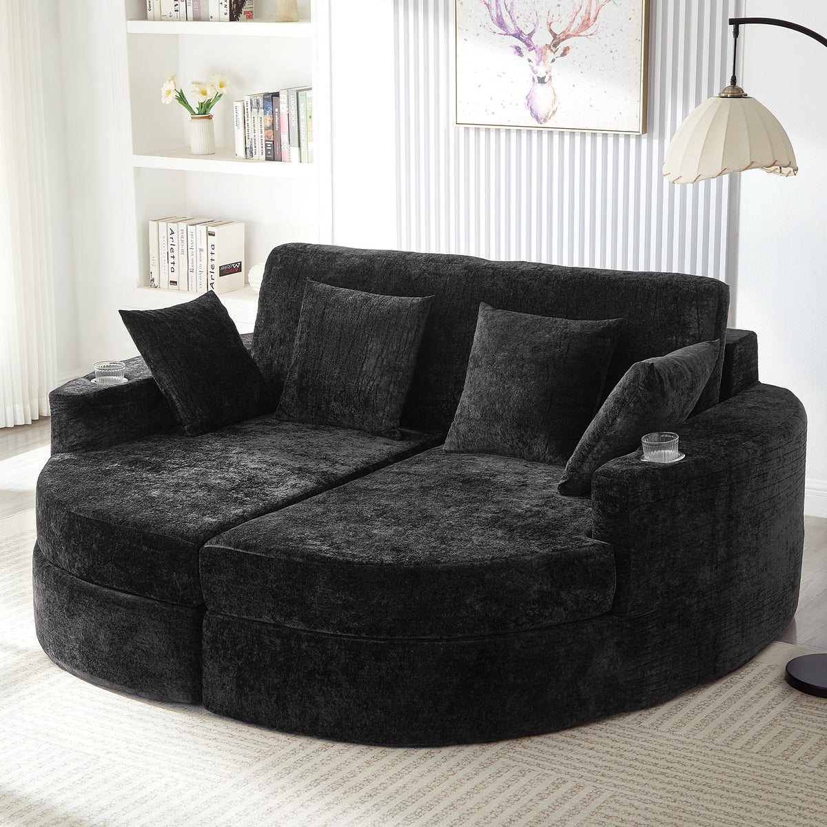 Full-Compressed Chaise Sofa 80" Curved Chaise Lounge Sofa Boneless Couch Upholstered Sofa Bed with Two Cup Holders for Living Room, Black