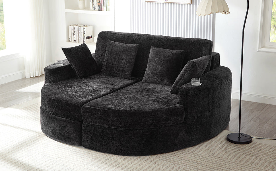 Full-Compressed Chaise Sofa 80" Curved Chaise Lounge Sofa Boneless Couch Upholstered Sofa Bed with Two Cup Holders for Living Room, Black